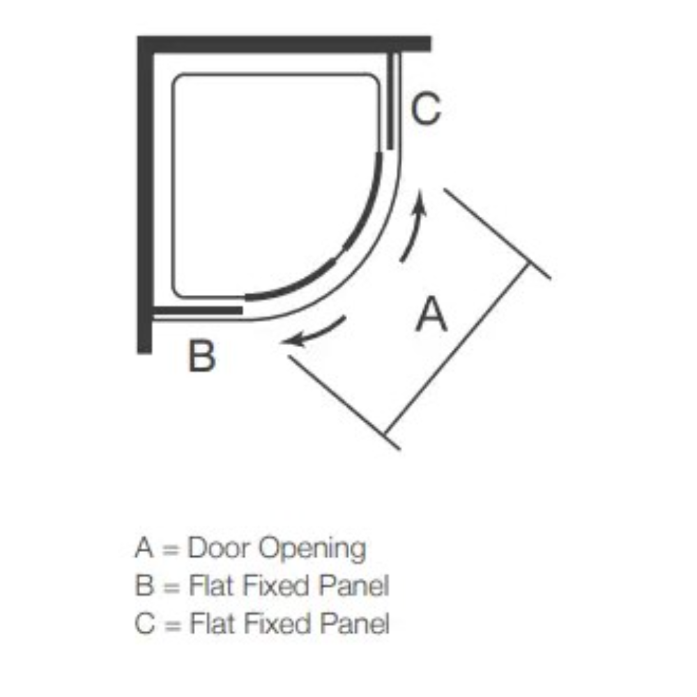 Merlyn Easy 2 Door Quadrant Shower Enclosure diagram showing chrome frame with curved glass door opening, flat fixed panels, and dimensions up to 1200x900mm in black and white schematic