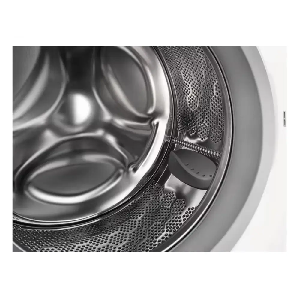 Close-up of Electrolux washing machine drum showing stainless steel interior with perforated metal basket and white exterior casing