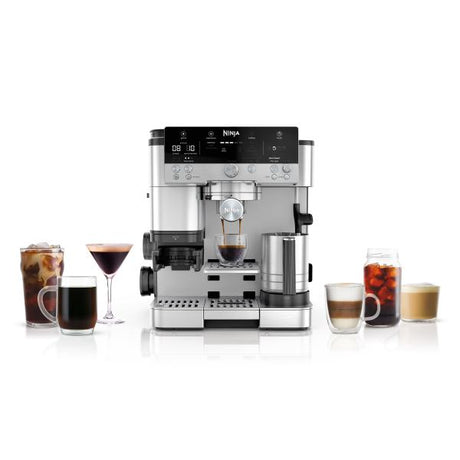 Ninja Luxe™ Café Premier Series Coffee Machine with various coffee and beverage sizes displayed in front.