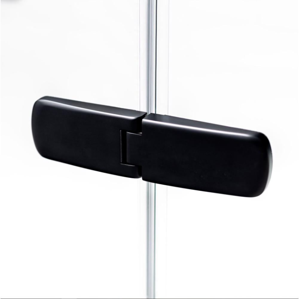 Flair ETO matte black pivot hinge for frameless shower door with chrome vertical rail, close-up detail view