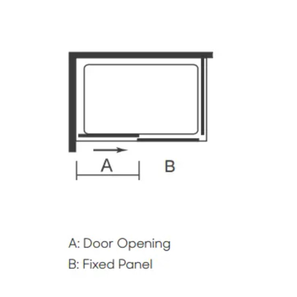 Merlyn Easy Sliding Shower Door diagram showing chrome finish with 1000mm to 1200mm width configuration, featuring door opening and fixed panel layout