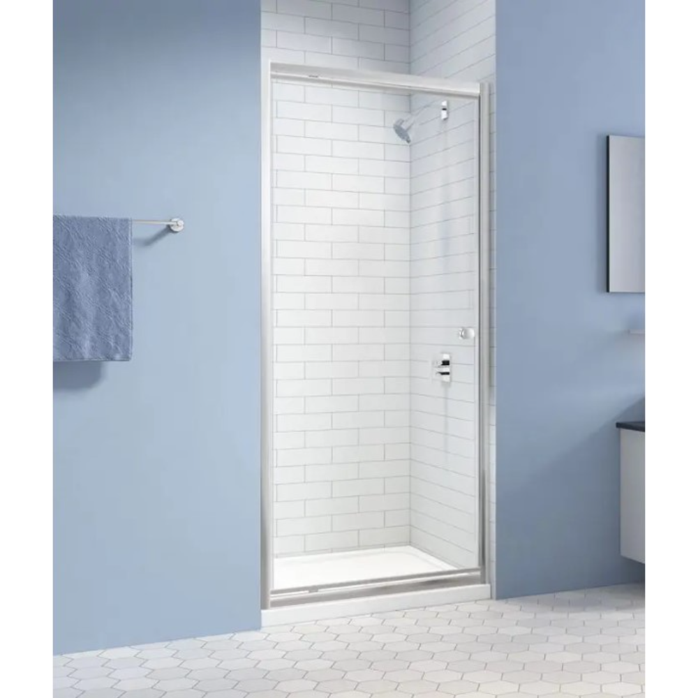 MERLYN Easy Pivot Shower Door in chrome finish with white subway tile walls and blue painted bathroom walls, 760mm to 900mm width