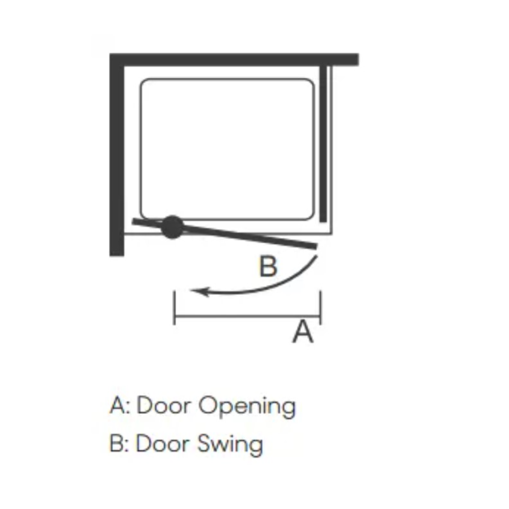 MERLYN Easy Pivot Shower Door chrome 760-900mm with diagram showing door opening width A and swing radius B