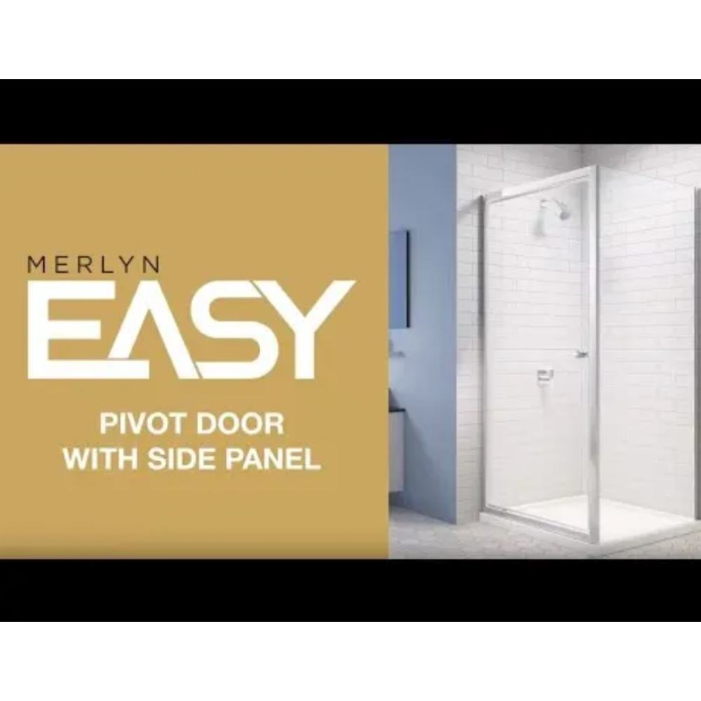 Merlyn Easy pivot door shower enclosure with side panel featuring chrome frame and white tiled walls in modern bathroom setting