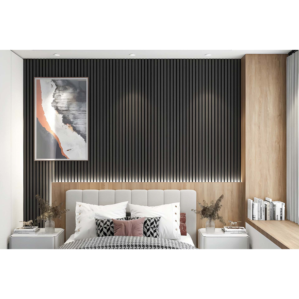 Modern bedroom featuring vertical acoustic wall panels in ebony black with natural wood accents, cream upholstered headboard, geometric patterned bedding, geometric throw pillows, twin white nightstands, and abstract landscape artwork on corrugated wall treatment