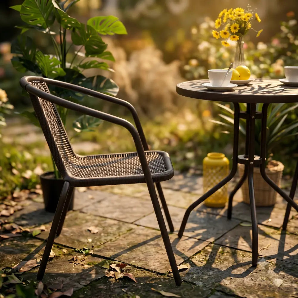 Black metal frame rattan outdoor dining set with two chairs at a small round table on a patio surrounded by green plants and yellow flowers in sunlight