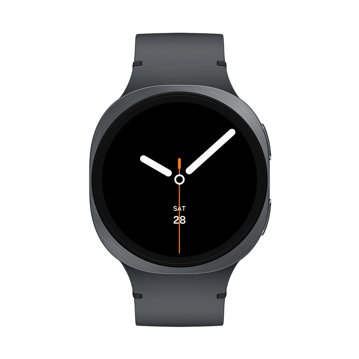 Samsung Galaxy Watch 8 Cellular LTE 44mm smartwatch in graphite gray with black silicone band displaying time 10:10 on circular AMOLED screen with orange accents showing SAT 28 date