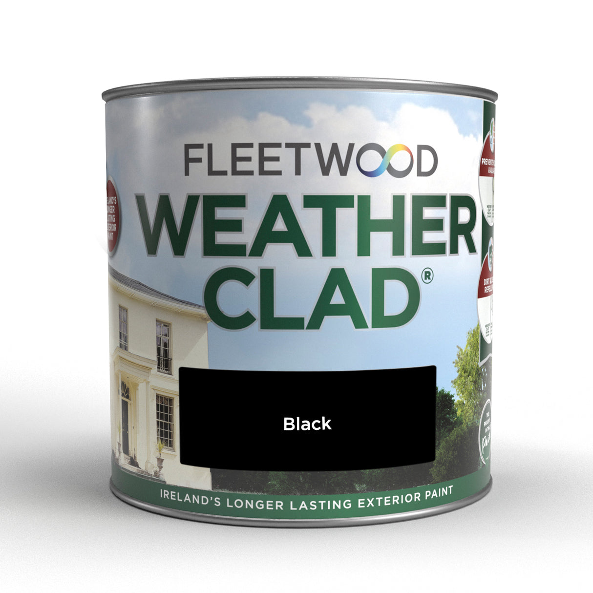 Fleetwood Weatherclad black exterior masonry paint 2.5 litre tin with product branding and image of white house on label