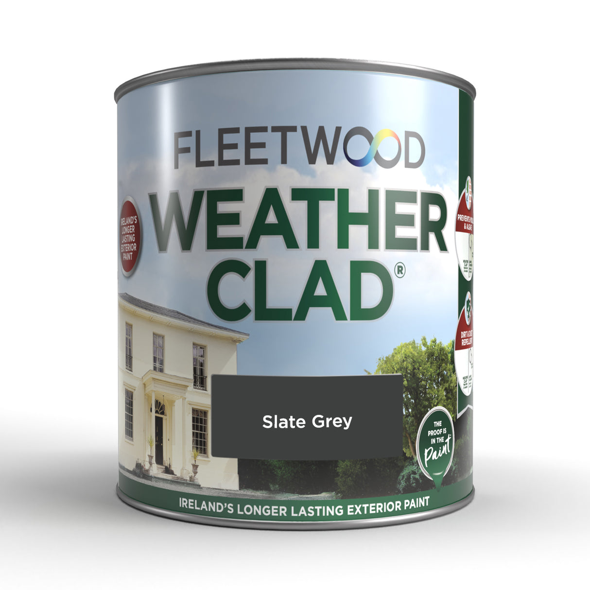 Fleetwood Weatherclad exterior masonry paint 5 litre tin in Slate Grey colour, showing product branding and a cream-coloured house example on the label, Ireland's longer lasting exterior paint