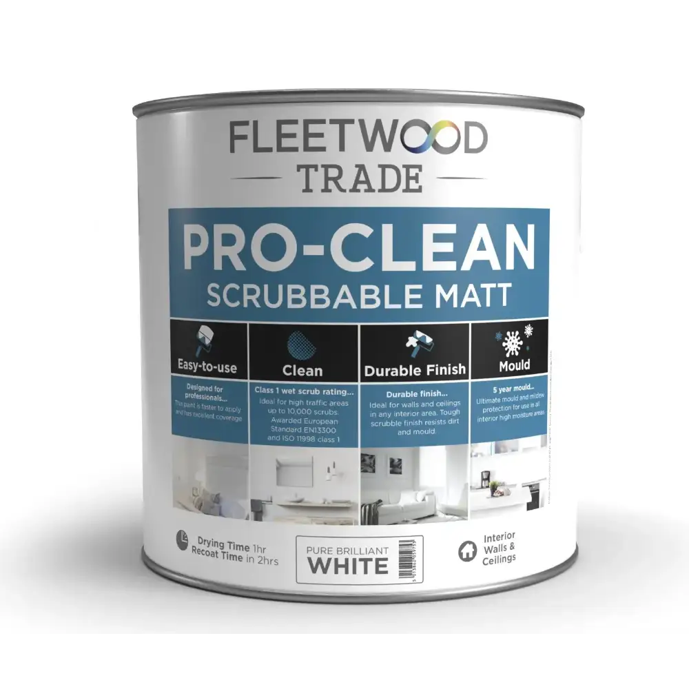 Fleetwood Trade Pro-Clean Scrubable Matt Pure Brilliant White 2.5 litre paint can for interior walls and ceilings with easy-to-use, clean and durable finish specifications