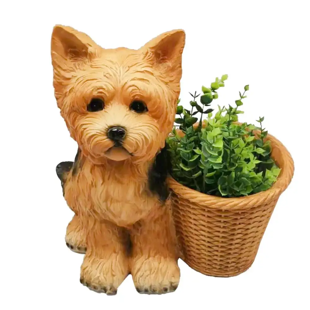 Tan resin Yorkshire Terrier dog garden planter with woven wicker basket, featuring detailed carved features and green potted succulent plants