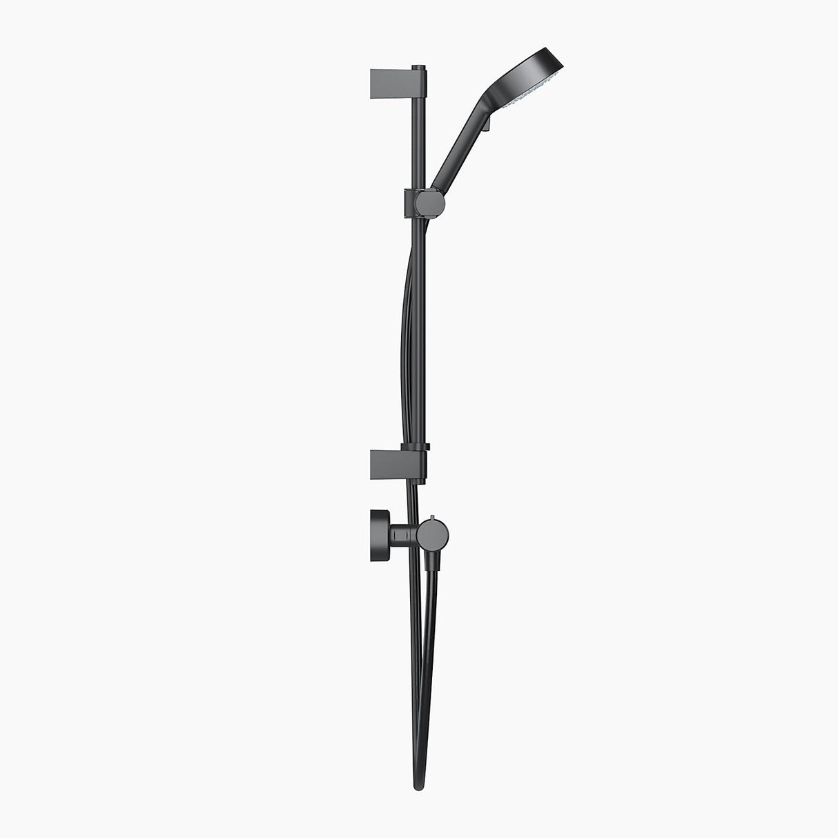 black shower head with hose and control on a white background