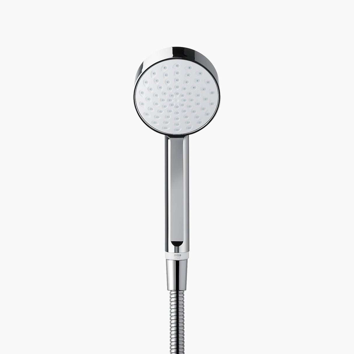 Chrome finished dual shower head with control on a white backgorund