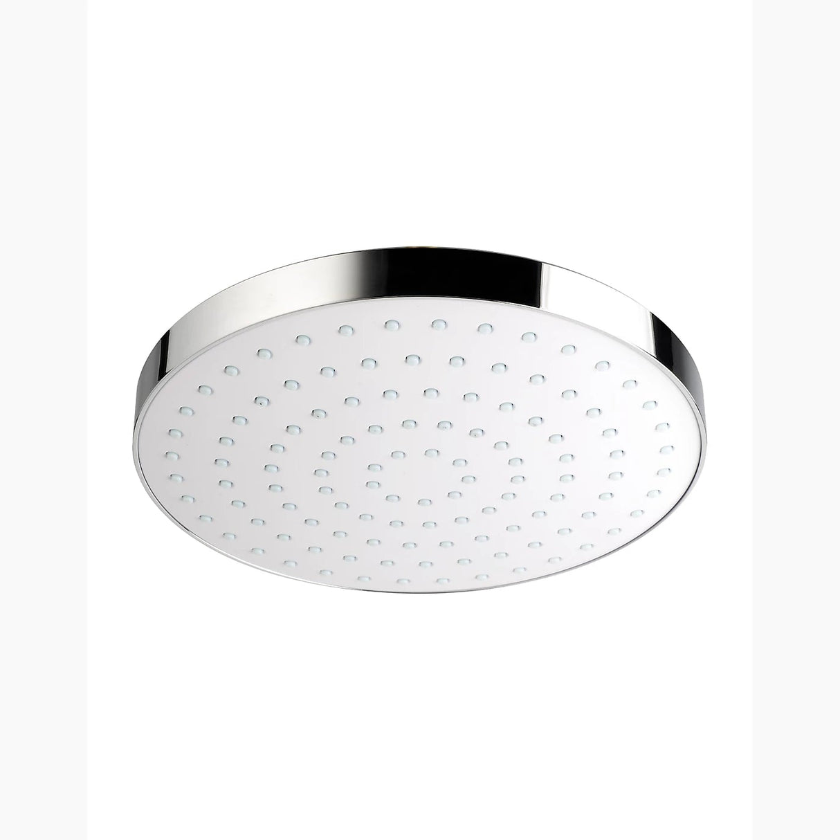 Chrome finished dual shower head with control on a white backgorund