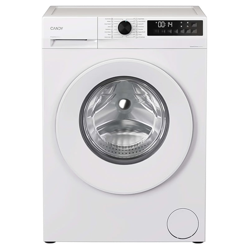 Candy Quick Pro white front-load washing machine with 8kg capacity, 1200 spin speed, digital display showing 00:14, control knob and buttons on top panel, stainless steel drum visible through large circular glass door, compact modern design