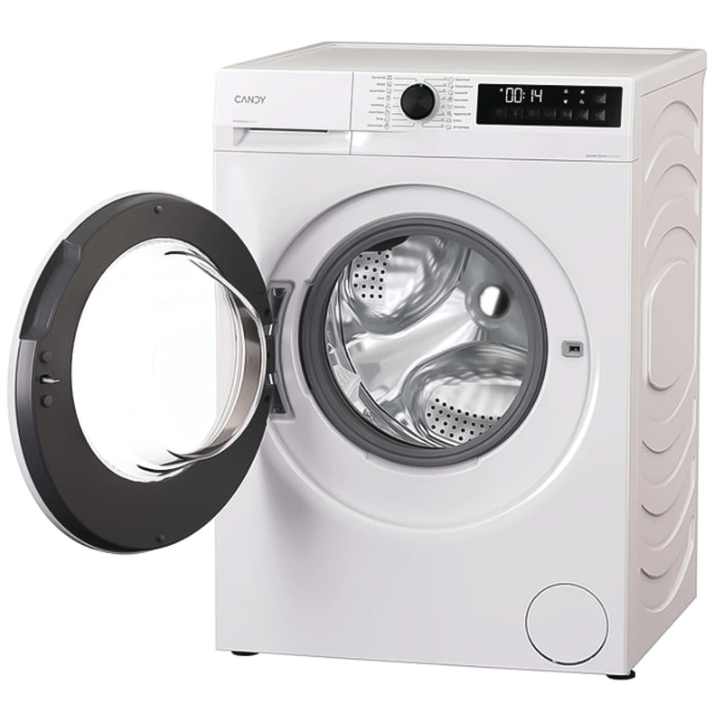 Candy Quick Pro white front-loading washing machine with 8kg capacity, 1200 spin speed, black door ring open showing stainless steel drum, digital display and control panel, viewed at three-quarter angle