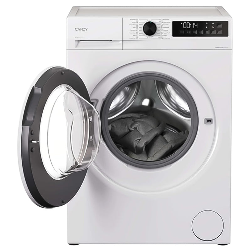 White Candy Quick Pro 8kg washing machine with 1200 spin speed, front-loading design with open door displaying dark laundry inside, digital display showing 00:14 timer, control panel with knob and buttons on top, grey trim around door and base