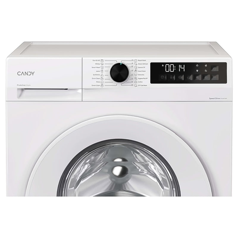 White Candy Quick Pro washing machine with 8kg capacity and 1200 spin speed, featuring digital display, control dial, and front-loading drum design