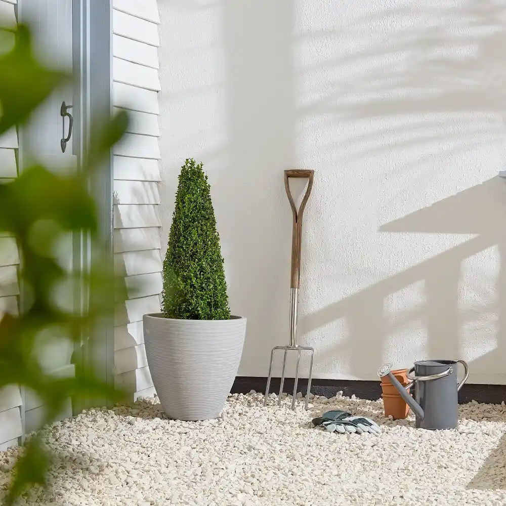 Large stone Valencia garden planter with conical topiary plant, displayed on gravel beside garden tools including fork and watering can against white textured wall