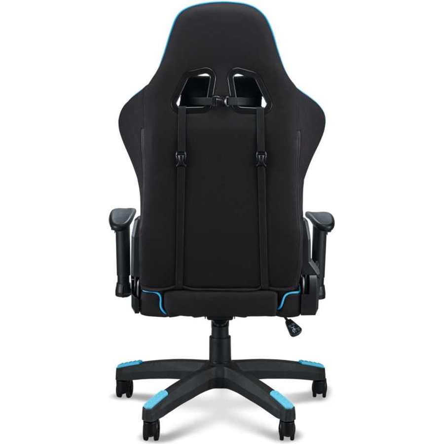 Acer Predator gaming chair in black with blue accents, featuring lumbar support, adjustable 4D armrests, high-back design, and five-star base with casters