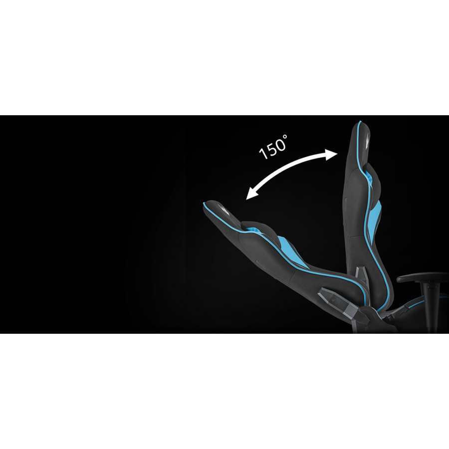 Acer Predator gaming chair in black and blue showing 150-degree recline angle adjustment with lumbar support and 4D armrest capability
