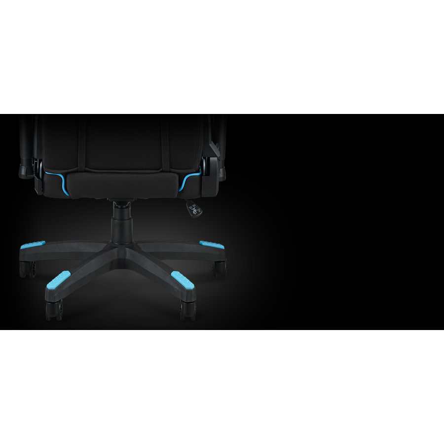 Acer Predator gaming chair shown from front and top view featuring black mesh back and seat with blue accent trim, 4D adjustable armrests, five-point star base with blue accents, and lumbar support design