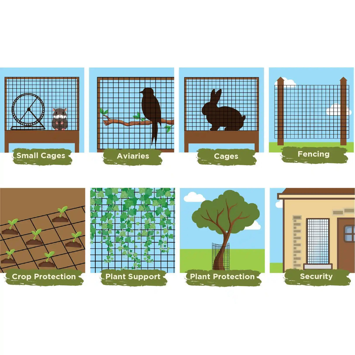 Infographic showing eight illustrated uses for galvanised wire netting including small cages for rodents, aviaries for birds, rabbit cages, garden fencing, crop protection netting, climbing plant support, tree protection guards, and security screening for buildings