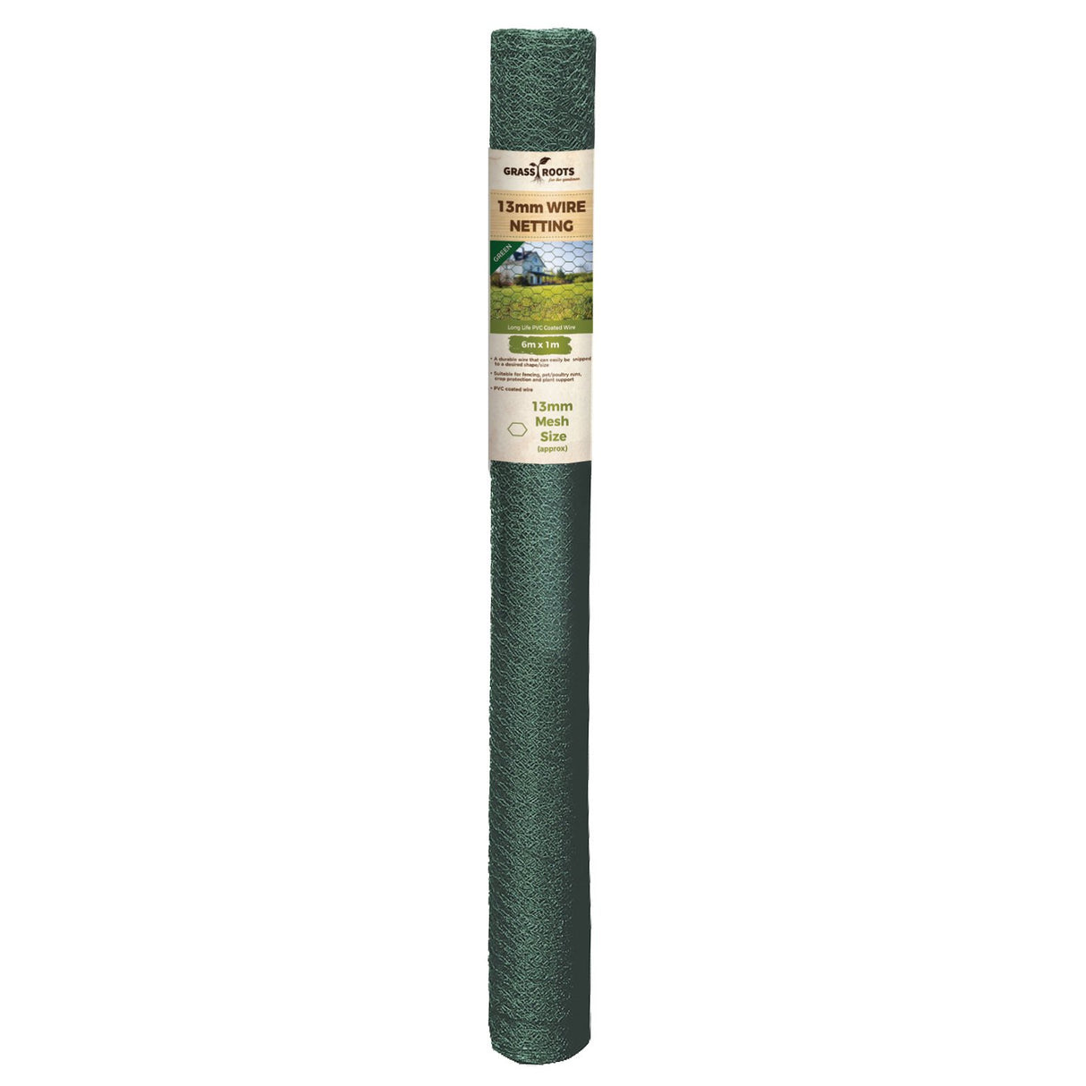 Grass Roots 13mm wire netting roll 6m x 1m green PVC coated chicken wire for garden fencing