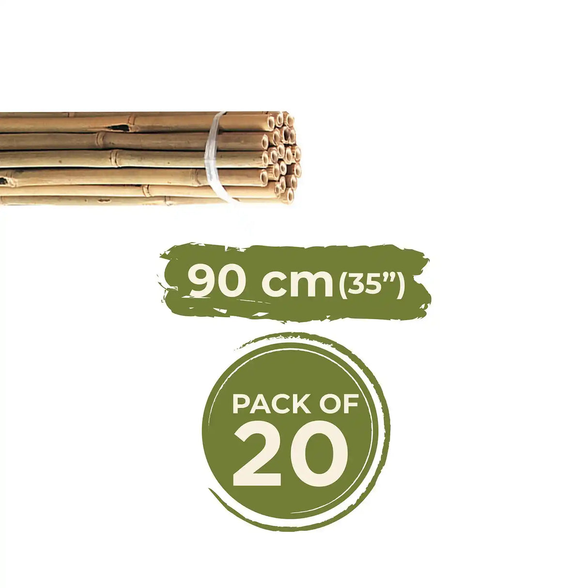 Bundle of natural bamboo canes 90cm long bound with white ties, showing pack of 20 units with green product label indicating size and quantity