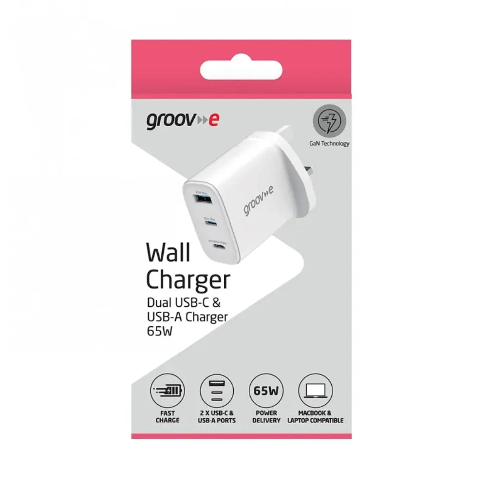Groove Dual USB C and USB A Mains Phone Charger 65W Plug | GCMA109WE
