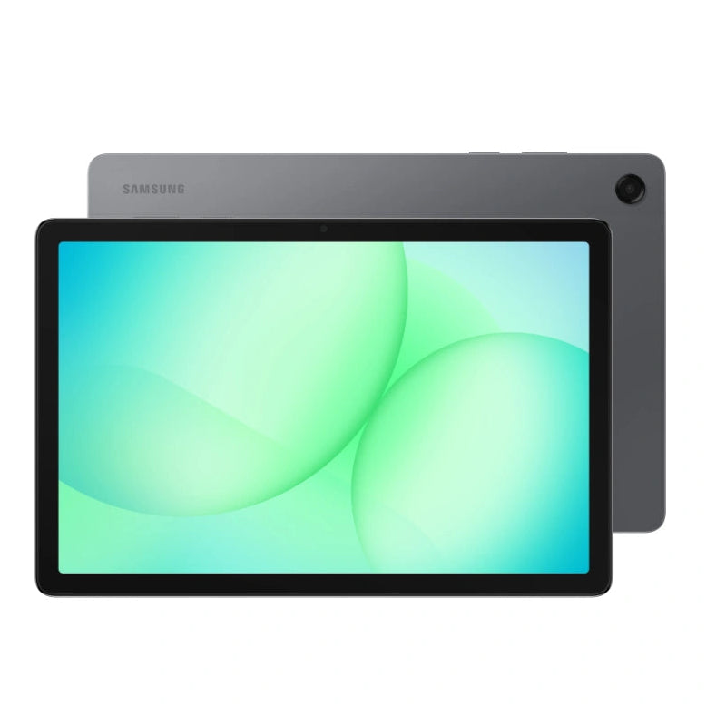 Samsung Galaxy Tab A11 Plus 11 inch tablet in grey displaying green abstract wallpaper, shown from front and back angles