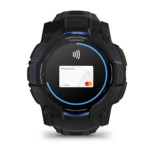 Garmin smartwatch with screen displaying card information on a white background