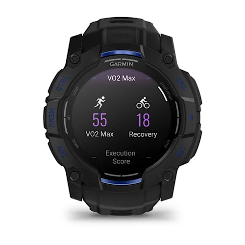 Garmin smartwatch displaying fitness metrics on a white background