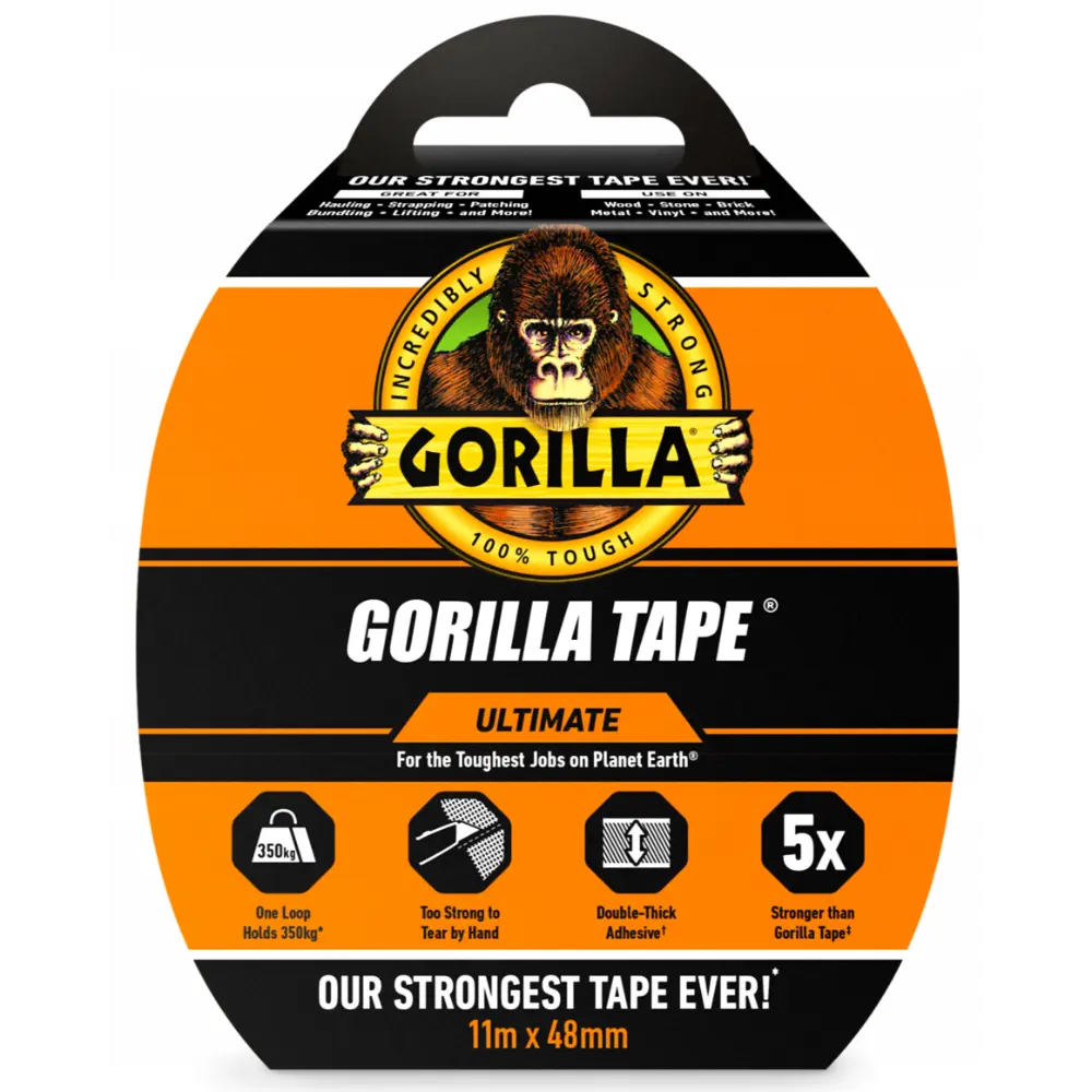 Gorilla Tape Ultimate packaging showing black and orange dispenser roll with gorilla logo, 11m x 48mm black tape, featuring 350kg hold capacity and 5x stronger claims