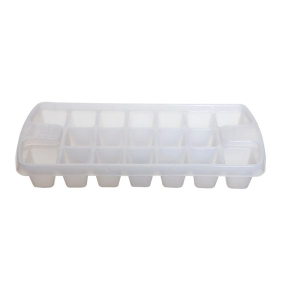 Clear plastic ice cube tray with hinged lid and fourteen square compartments, Whitefurze PL2203 model