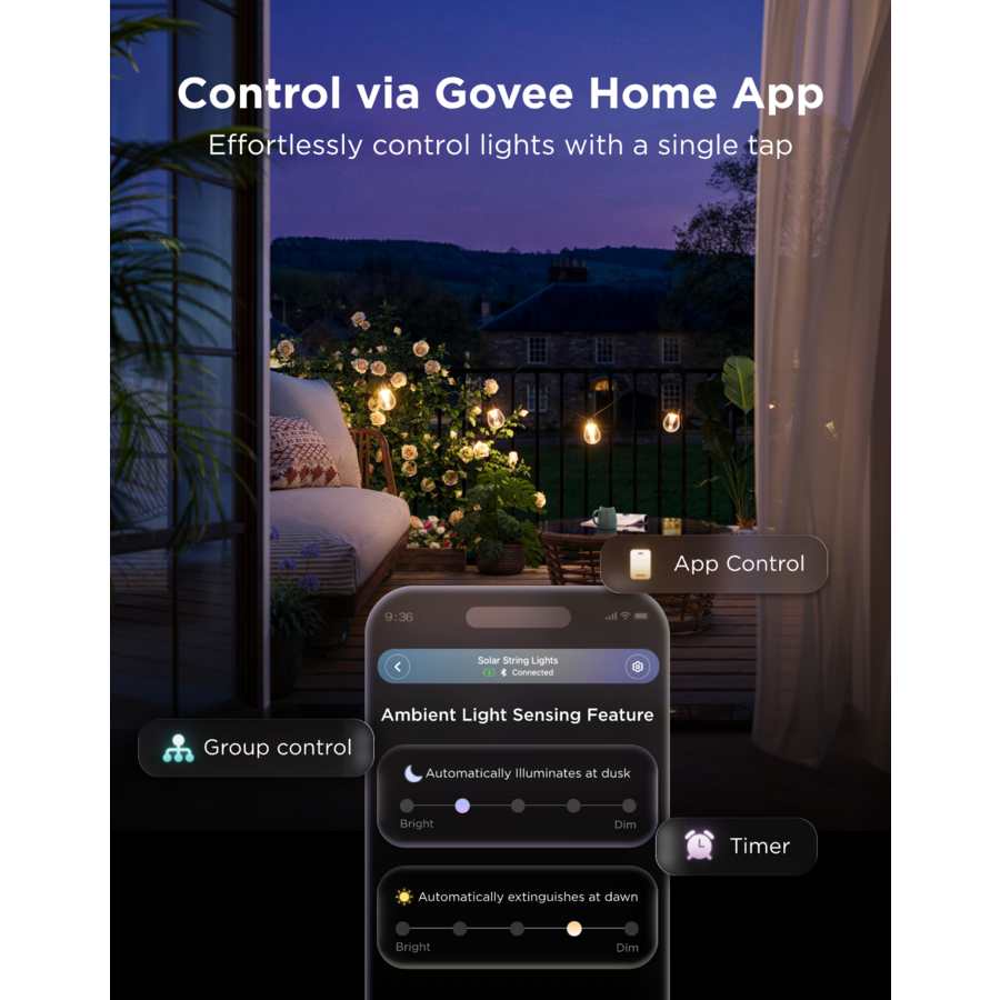 Govee Outdoor Solar String Lights - 33f t/ 10 Metre IP67 - Multi Coloured | H3001311