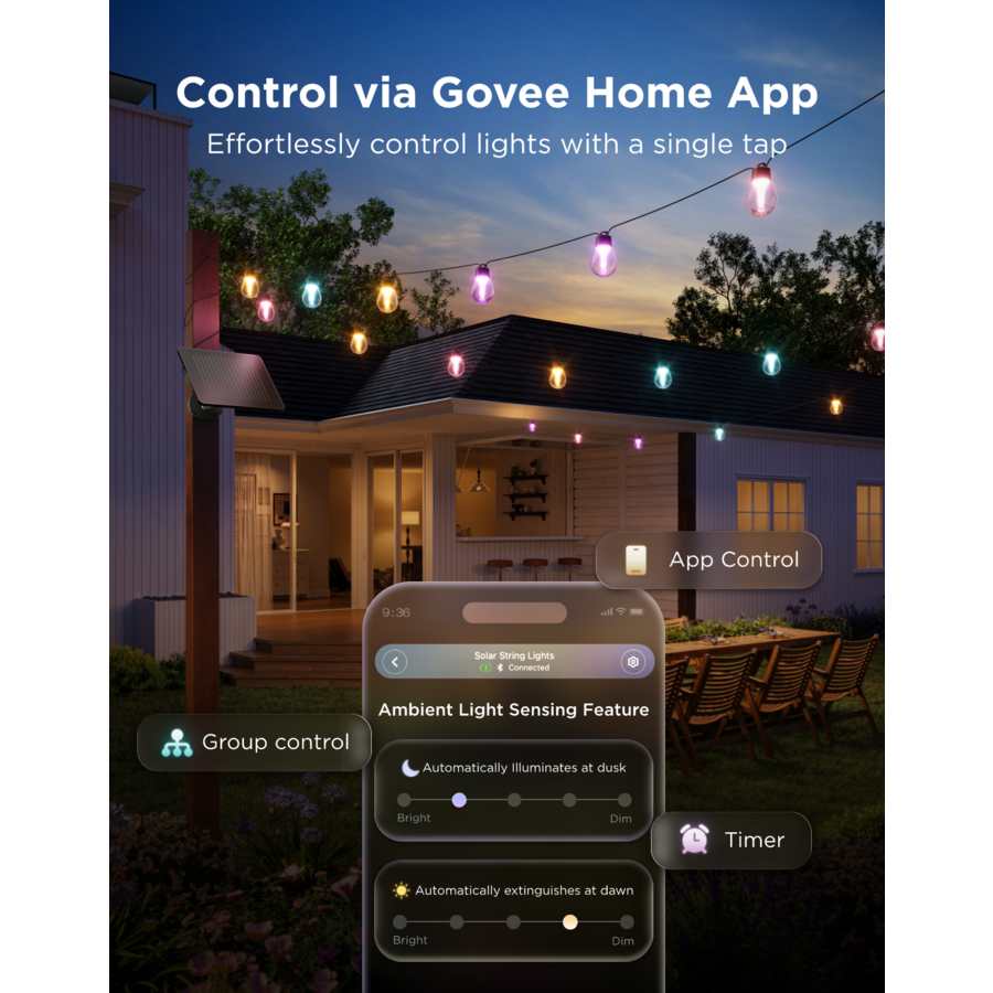 Govee Outdoor Solar String Lights - 33f t/ 10 Metre IP67 - Multi Coloured | H3001311