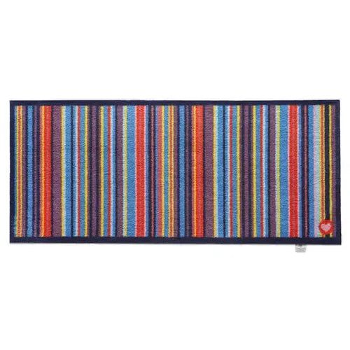 Hug Rug Runner Mat 65cm x 150cm striped design featuring vertical stripes in red, blue, orange, green and navy on dark navy border, flat lay product view