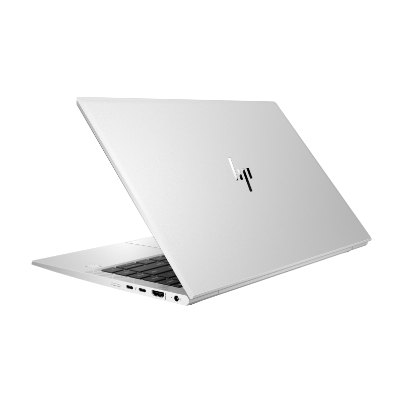 Silver HP EliteBook 840 G7 laptop displayed at an angle showing the closed lid with HP logo, keyboard, and right-side ports including USB-C and HDMI connections
