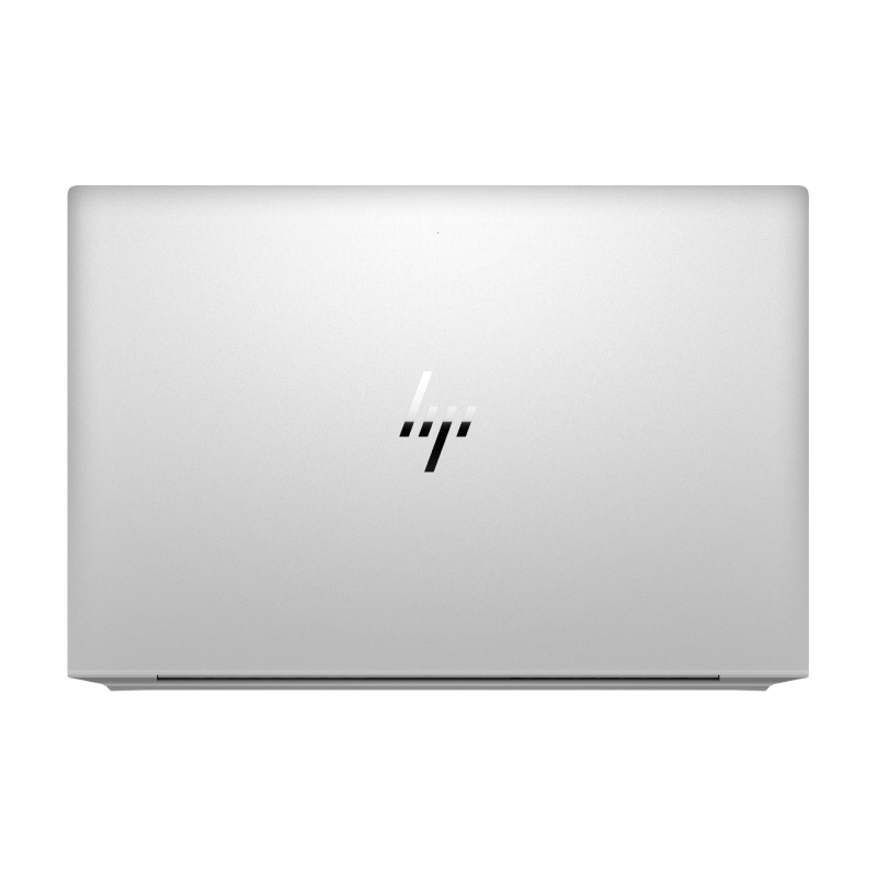 Silver HP EliteBook 840 G7 laptop closed lid showing HP logo on brushed aluminum cover viewed from above