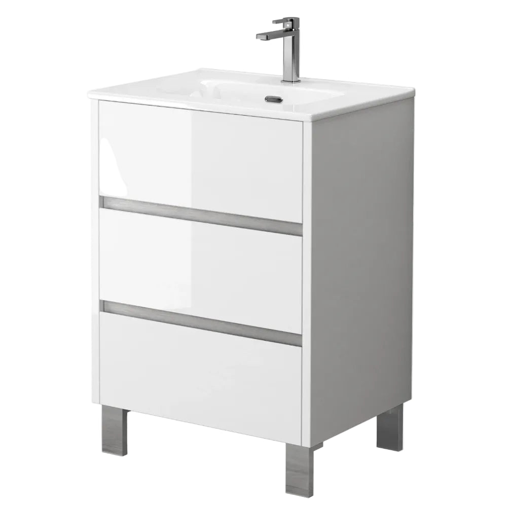 Modern white gloss freestanding bathroom vanity unit with three drawers, chrome handles and feet, topped with a white ceramic basin and chrome single-lever mixer tap, 60cm width
