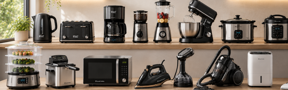 Various kitchen appliances on a wooden shelf with a window in the background.
