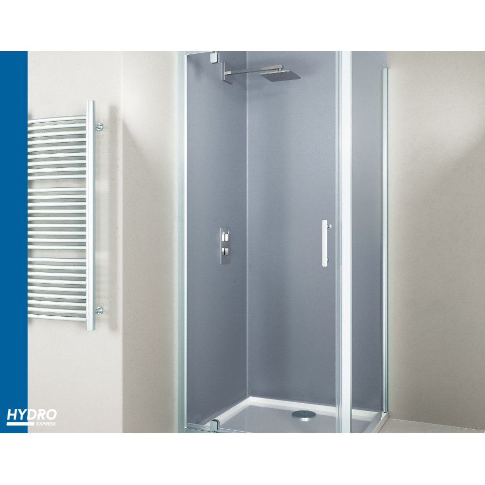 Modern chrome framed pivot shower door with frosted glass panels, 760mm to 900mm width, installed in contemporary bathroom with white walls and heated towel rail