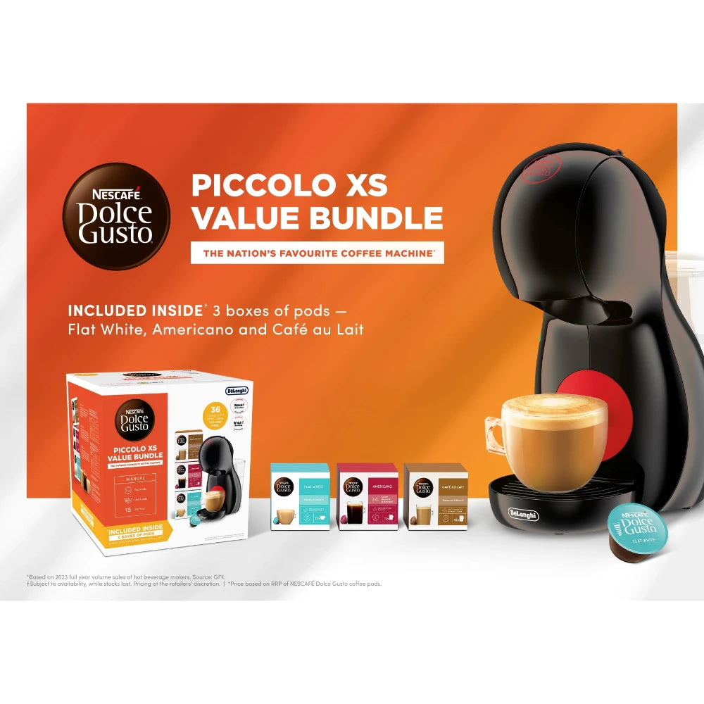 Delonghi Nescafe Dolce Gusto Piccolo XS POD Coffee Machine Bundle Deal - Black | EDG210.B+3COFF