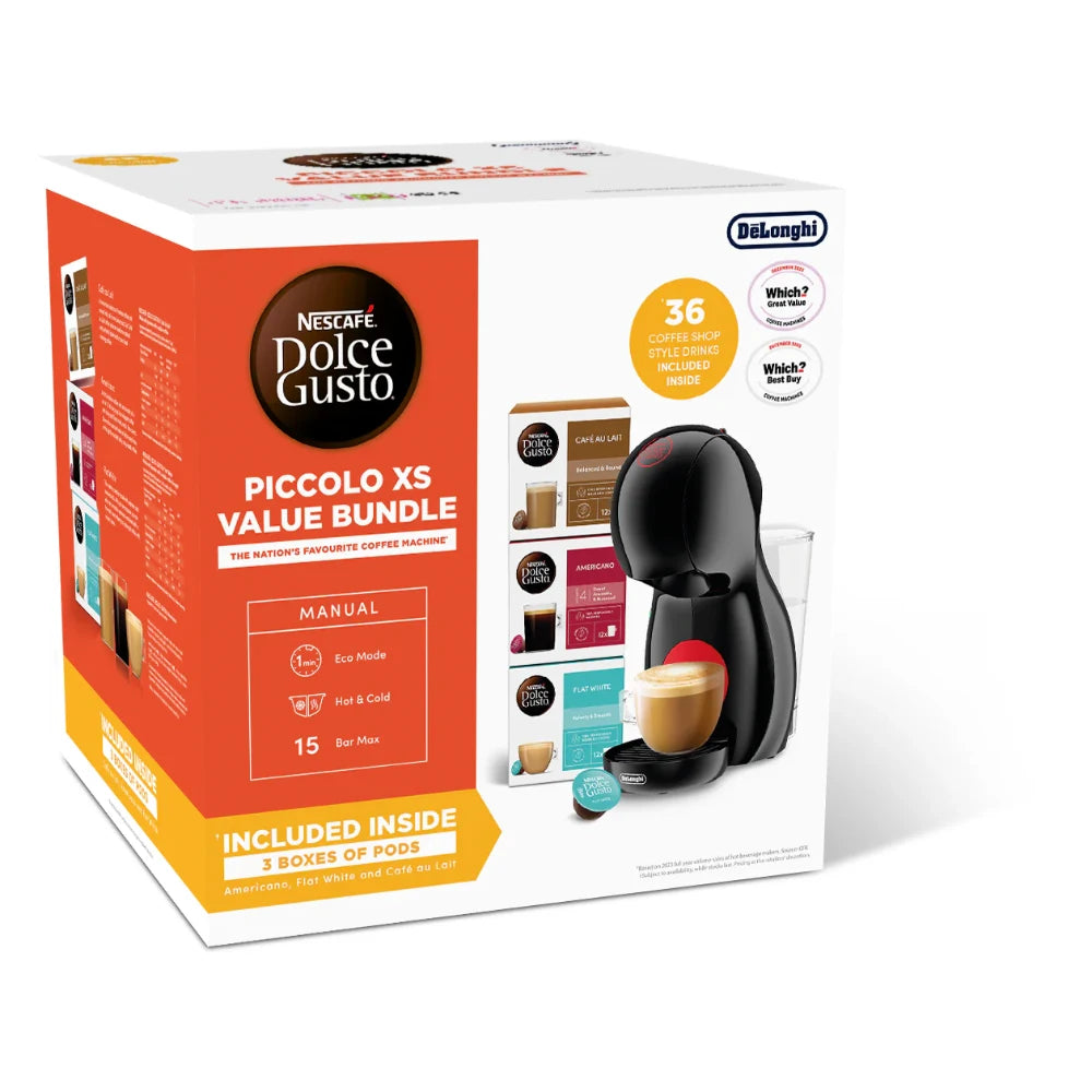 Delonghi Nescafe Dolce Gusto Piccolo XS POD Coffee Machine Bundle Deal - Black | EDG210.B+3COFF