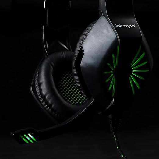 Intempo gaming headset with mic featuring black and gray ear cups with green LED lighting accents, padded headband, and coiled cable against dark background