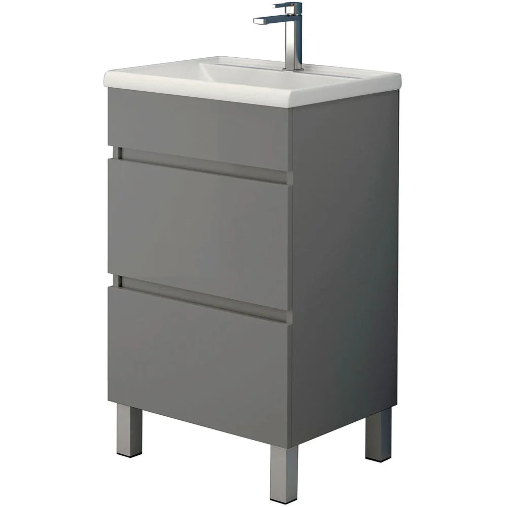 Floor standing bathroom vanity unit with two grey drawers, white ceramic basin and modern black tap, 50cm wide with metal legs in matt anthracite finish