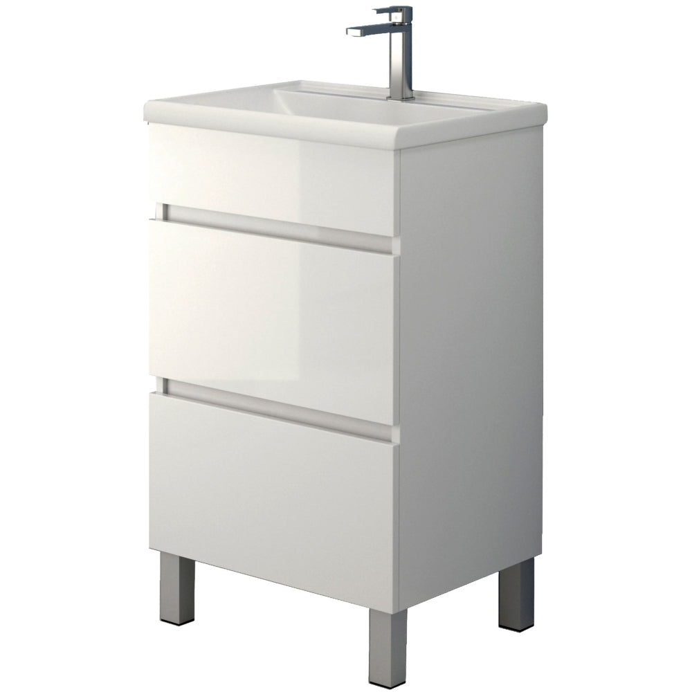 Jasmine 50cm white gloss 2 drawer vanity unit with rectangular ceramic basin and black square faucet on metal legs