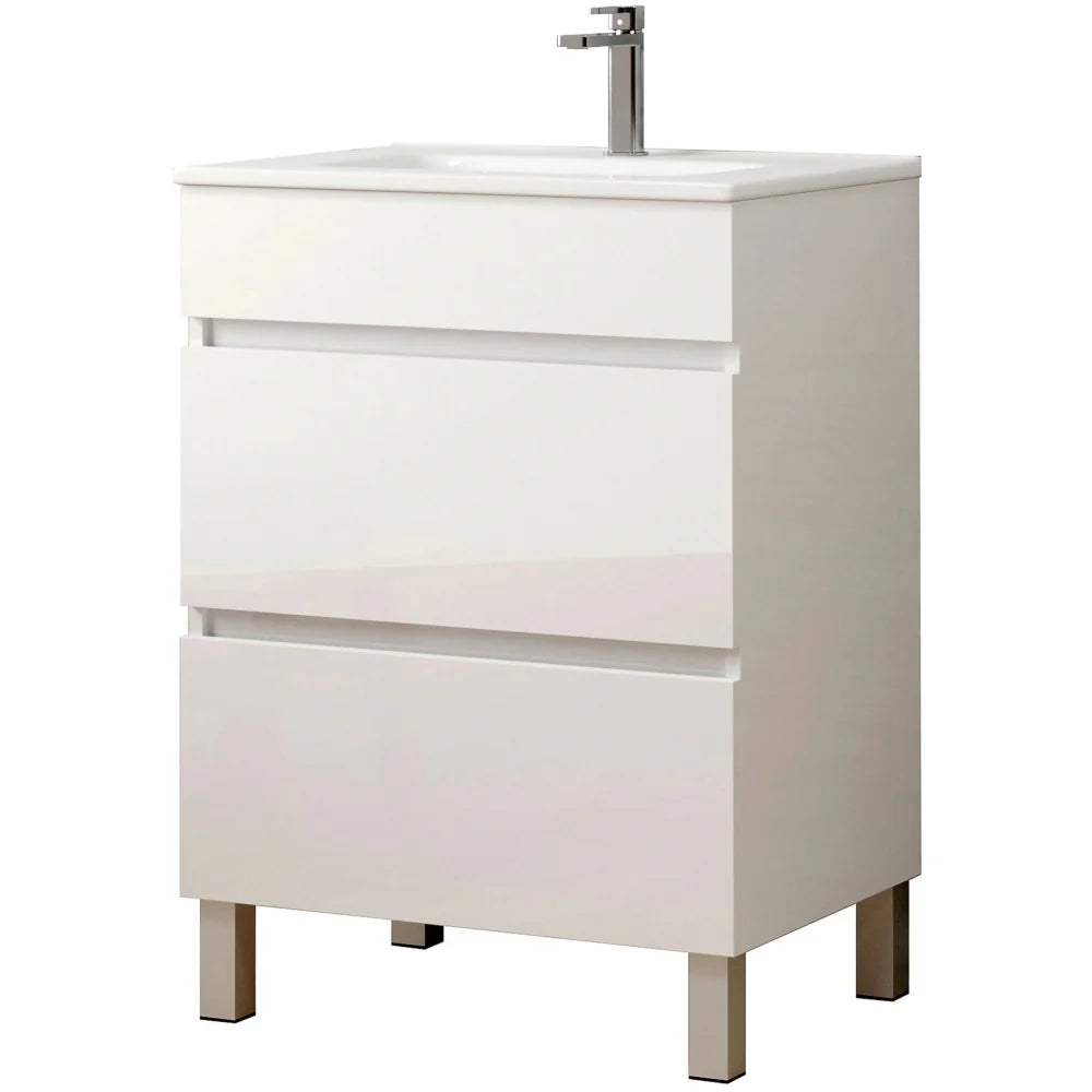 White gloss floor standing bathroom vanity unit with ceramic basin, two drawers and wooden legs, 60cm Jasmine style