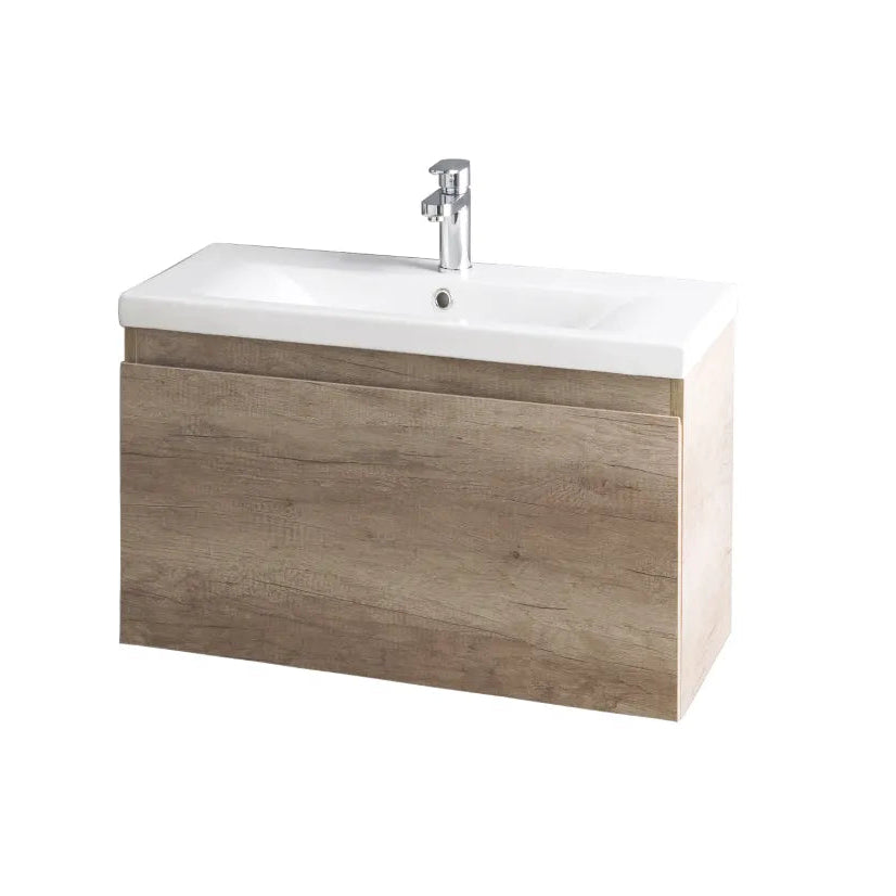 Wall hung bathroom vanity unit with white ceramic sink and chrome faucet, Nebraska Oak wood finish cabinet, 500-800mm width, modern minimalist design